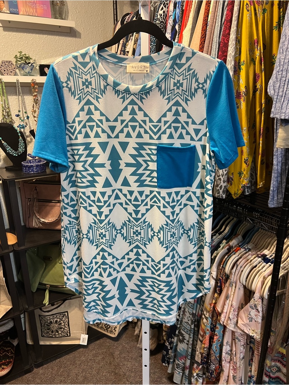 Avery Teal and White Geometric Pattern Shirt